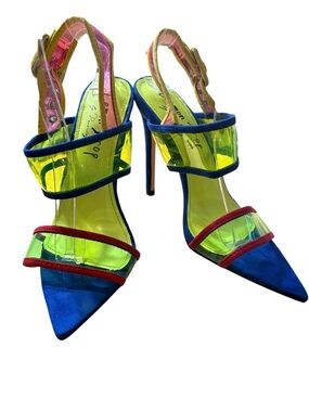 Lemon Drop Y2K Neon Multicolor Statement Pointed Toe Slingback Heels 90's sz 6.5